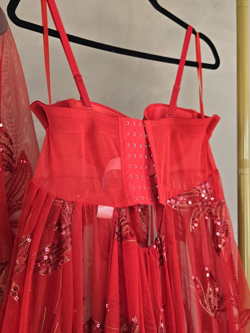 Red Floral Sheer Maxi Dress with Corset Bodice - Picture 8 of 13